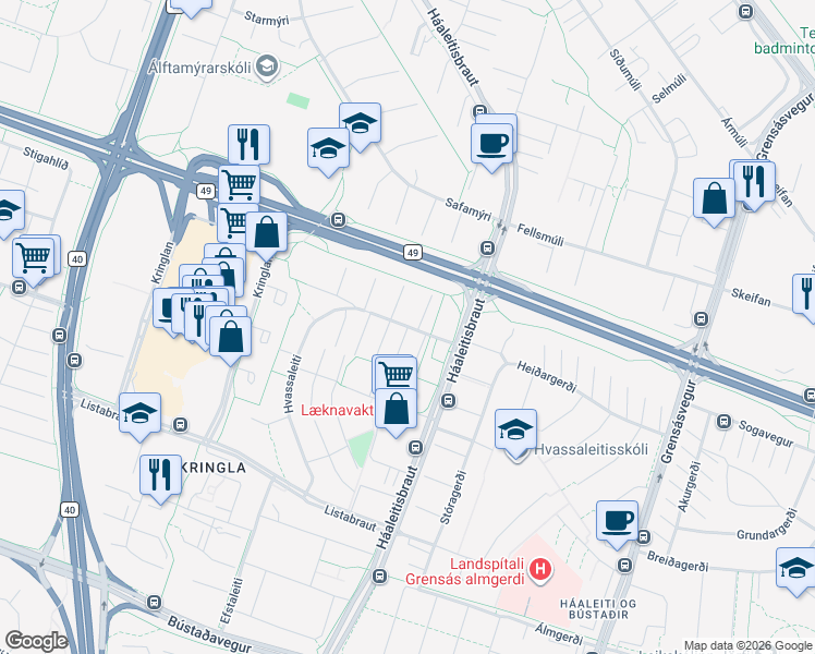 map of restaurants, bars, coffee shops, grocery stores, and more near Hvassaleiti in Reykjavík