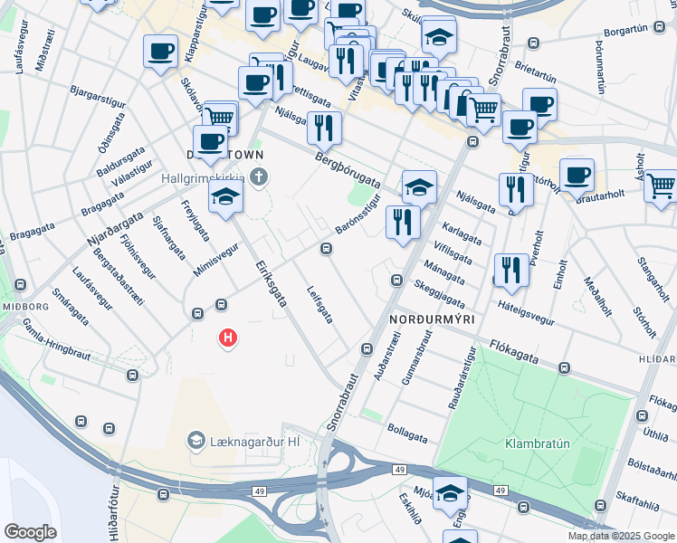 map of restaurants, bars, coffee shops, grocery stores, and more near Egilsgata in Reykjavík