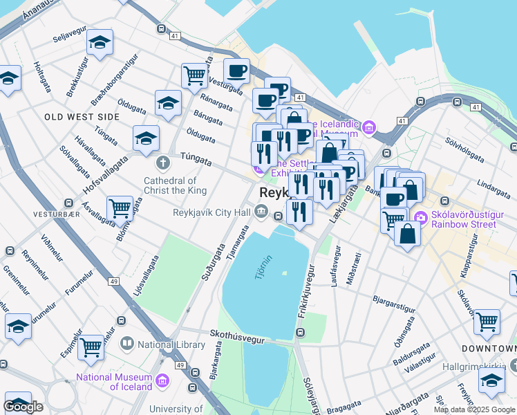 map of restaurants, bars, coffee shops, grocery stores, and more near in Reykjavík