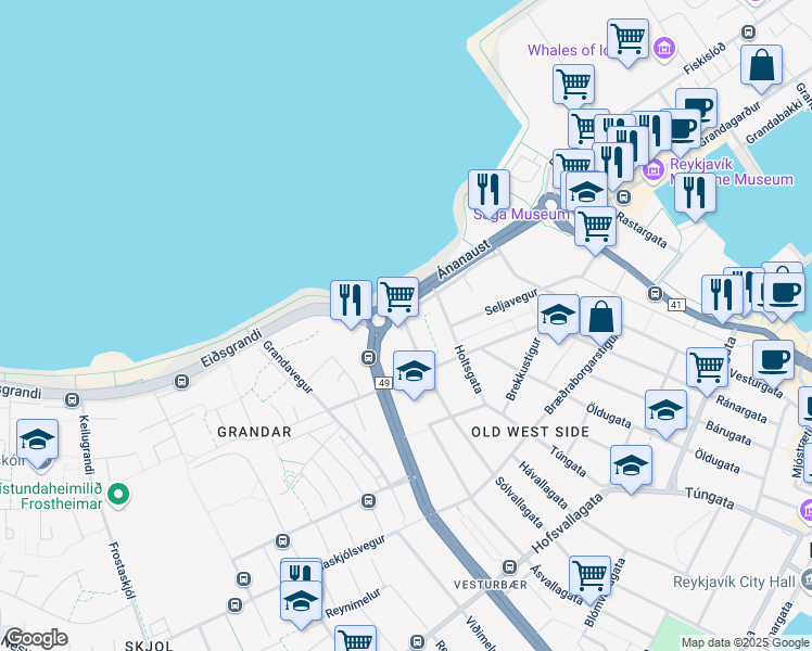 map of restaurants, bars, coffee shops, grocery stores, and more near 84 Sólvallagata in Reykjavik