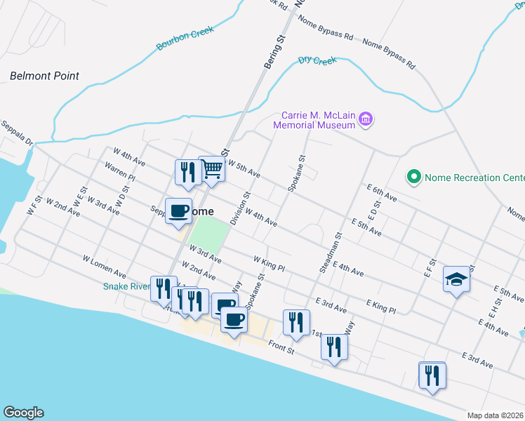 map of restaurants, bars, coffee shops, grocery stores, and more near 120-298 Warren Place in Nome