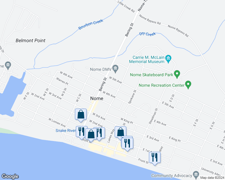map of restaurants, bars, coffee shops, grocery stores, and more near in Nome