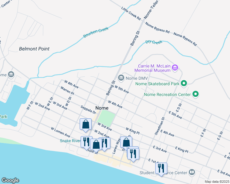 map of restaurants, bars, coffee shops, grocery stores, and more near in Nome