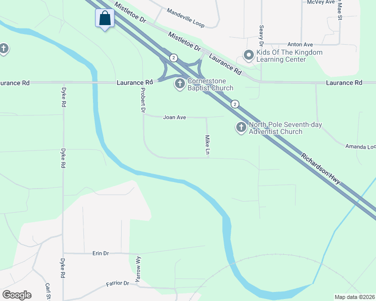 map of restaurants, bars, coffee shops, grocery stores, and more near 3054 Probert Drive in North Pole