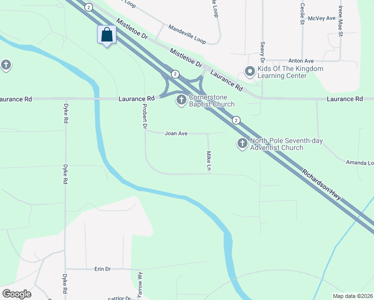 map of restaurants, bars, coffee shops, grocery stores, and more near 3054 Probert Drive in North Pole