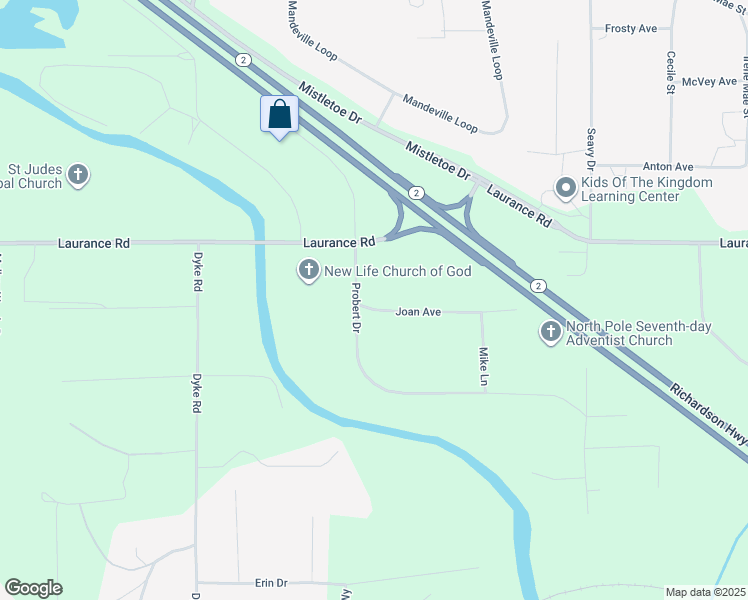map of restaurants, bars, coffee shops, grocery stores, and more near 3004 Probert Drive in North Pole