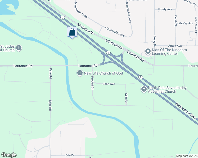 map of restaurants, bars, coffee shops, grocery stores, and more near 3004 Probert Drive in North Pole