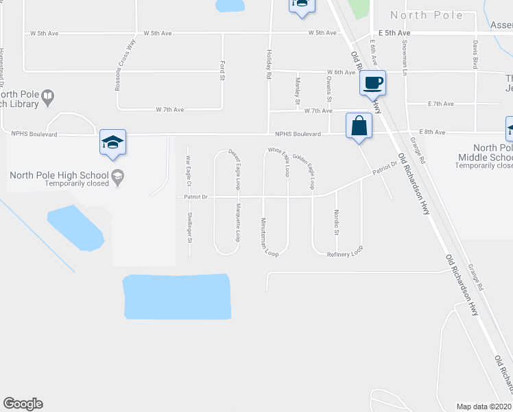 map of restaurants, bars, coffee shops, grocery stores, and more near 309 Patriot Drive in North Pole