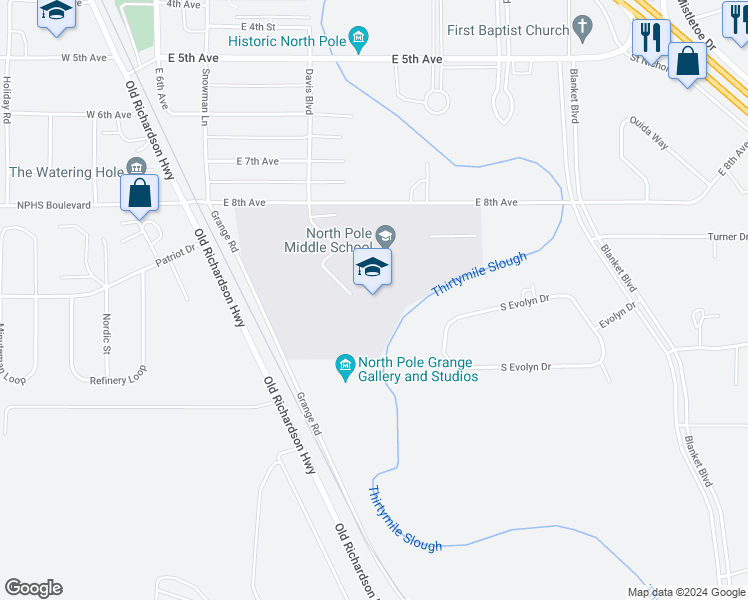 map of restaurants, bars, coffee shops, grocery stores, and more near 300 East 8th Avenue in North Pole