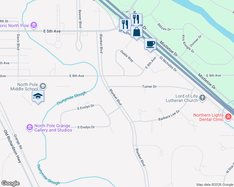 map of restaurants, bars, coffee shops, grocery stores, and more near 651 Turner Drive in North Pole