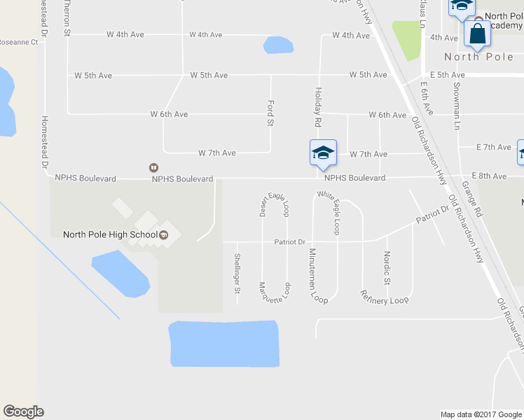 map of restaurants, bars, coffee shops, grocery stores, and more near 2671 Desert Eagle Loop in North Pole