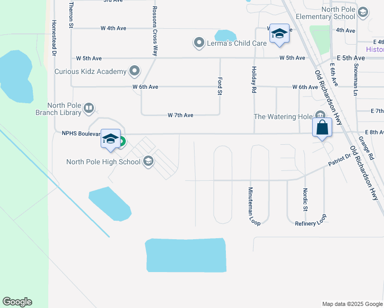 map of restaurants, bars, coffee shops, grocery stores, and more near 2649 War Eagle Court in North Pole