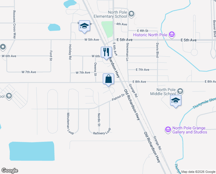 map of restaurants, bars, coffee shops, grocery stores, and more near 2700 Bald Eagle Court in North Pole