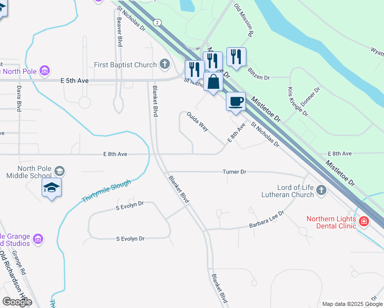 map of restaurants, bars, coffee shops, grocery stores, and more near 716 East 8th Avenue in North Pole