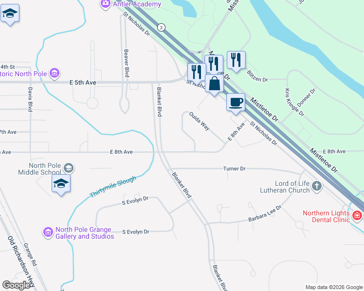 map of restaurants, bars, coffee shops, grocery stores, and more near 651 Turner Drive in North Pole
