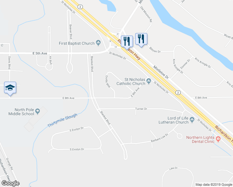 map of restaurants, bars, coffee shops, grocery stores, and more near 515 Ouida Way in North Pole