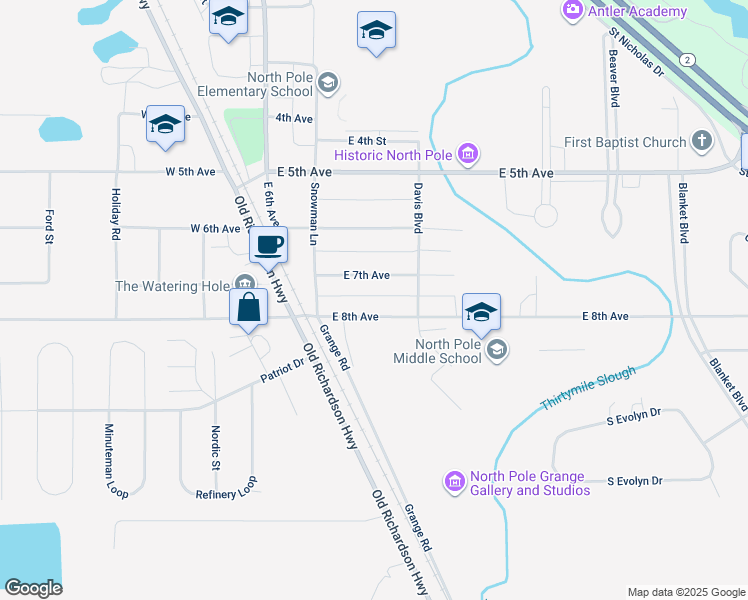 map of restaurants, bars, coffee shops, grocery stores, and more near 147 East 8th Avenue in North Pole