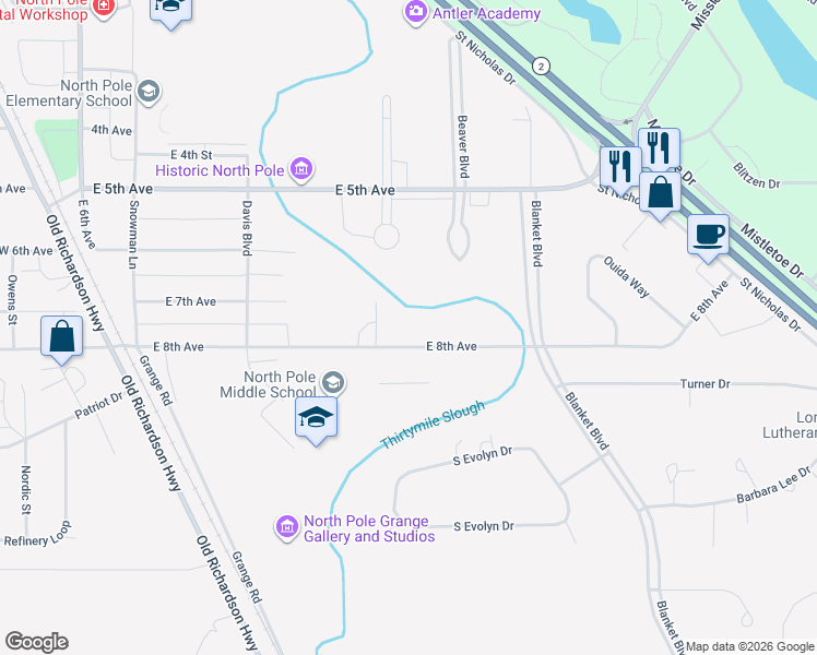 map of restaurants, bars, coffee shops, grocery stores, and more near 542 Kit Boulevard in North Pole