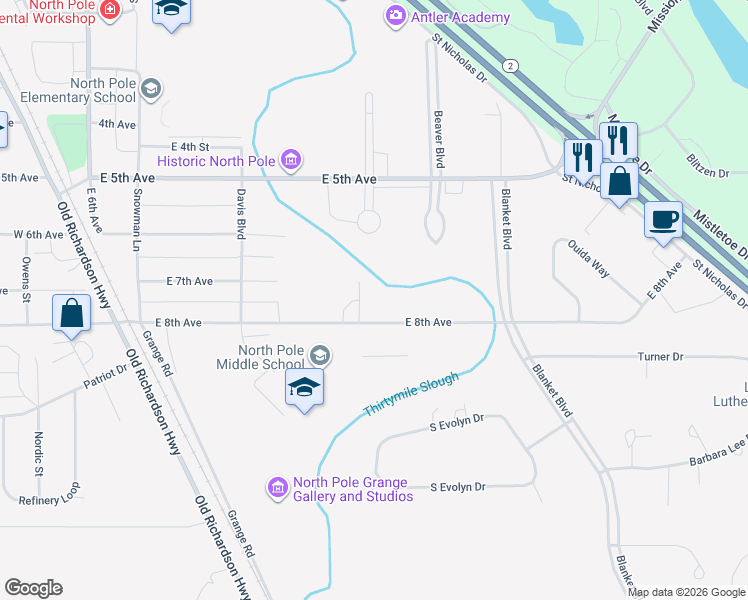 map of restaurants, bars, coffee shops, grocery stores, and more near 542 Kit Boulevard in North Pole