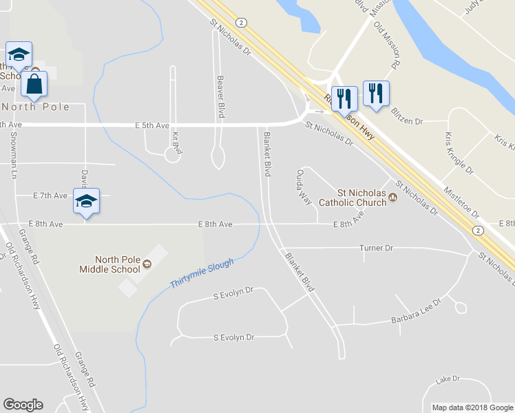 map of restaurants, bars, coffee shops, grocery stores, and more near 687 Blanket Boulevard in North Pole