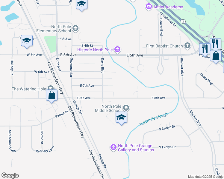 map of restaurants, bars, coffee shops, grocery stores, and more near 245 East 7th Avenue in North Pole