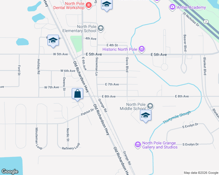 map of restaurants, bars, coffee shops, grocery stores, and more near 113 East 7th Avenue in North Pole