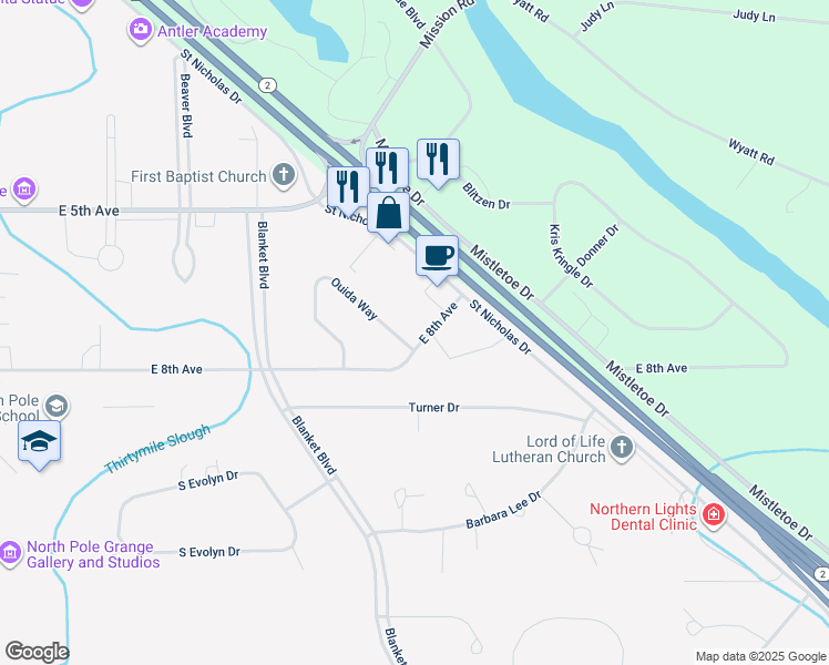map of restaurants, bars, coffee shops, grocery stores, and more near 817a East 8th Avenue in North Pole