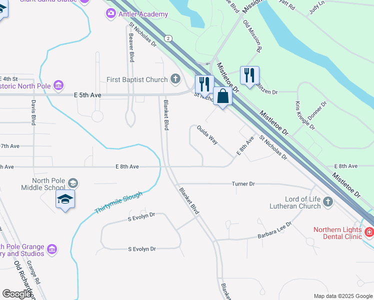 map of restaurants, bars, coffee shops, grocery stores, and more near 535 Ouida Way in North Pole
