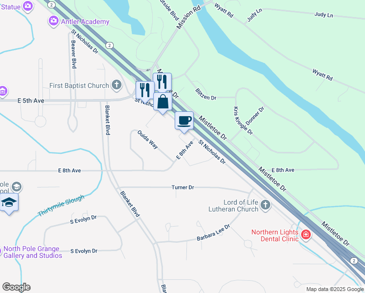 map of restaurants, bars, coffee shops, grocery stores, and more near 817a East 8th Avenue in North Pole