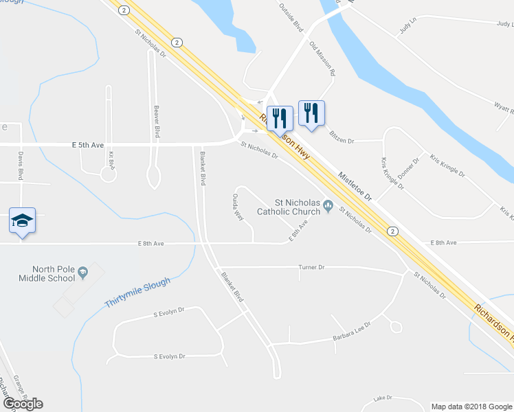 map of restaurants, bars, coffee shops, grocery stores, and more near 655 Ouida Way in North Pole