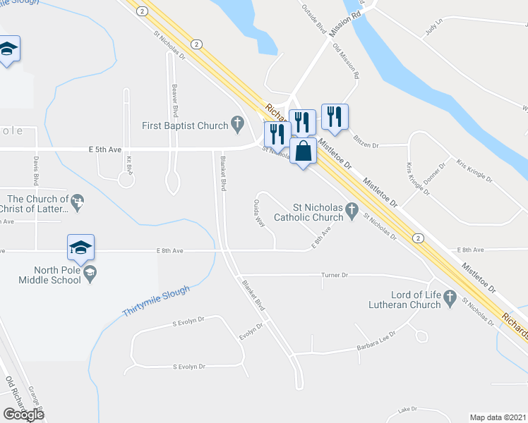 map of restaurants, bars, coffee shops, grocery stores, and more near 535 Ouida Way in North Pole