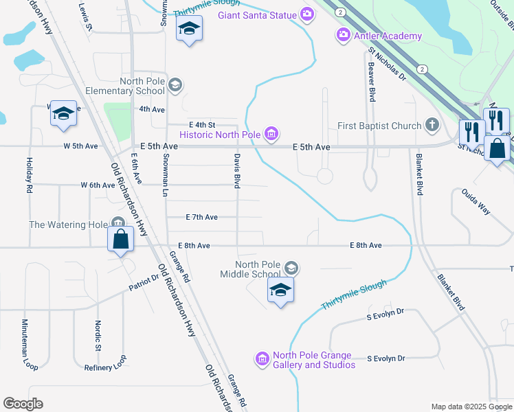 map of restaurants, bars, coffee shops, grocery stores, and more near 245 East 7th Avenue in North Pole