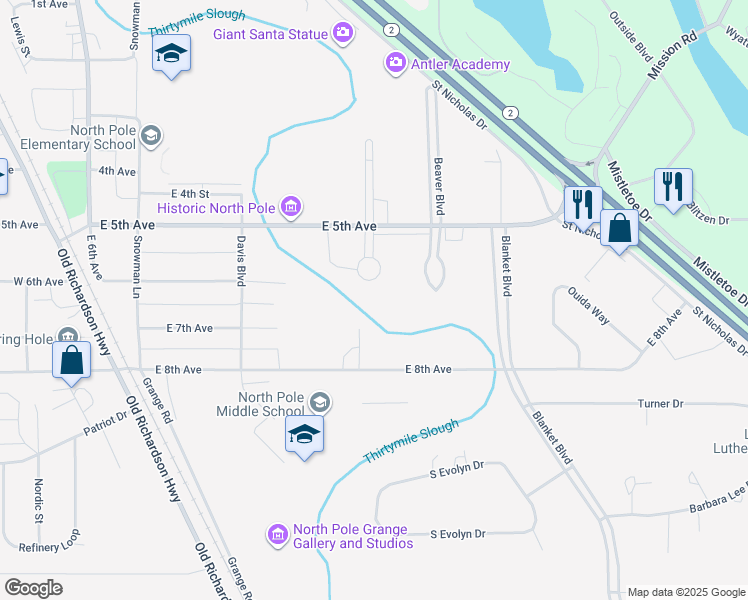 map of restaurants, bars, coffee shops, grocery stores, and more near 542 Kit Blvd in North Pole