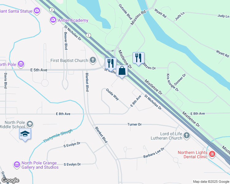 map of restaurants, bars, coffee shops, grocery stores, and more near 655 Ouida Way in North Pole