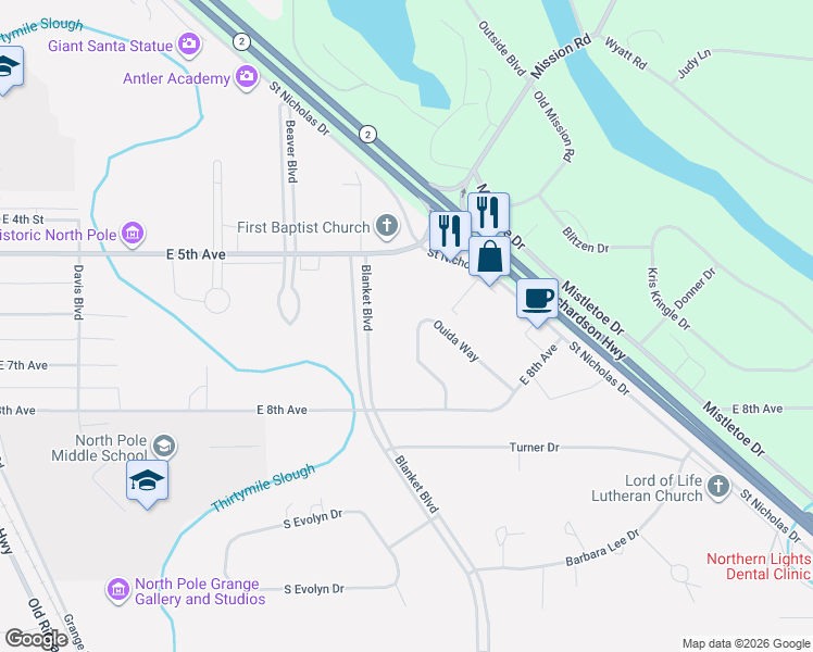 map of restaurants, bars, coffee shops, grocery stores, and more near 535 Ouida Way in North Pole
