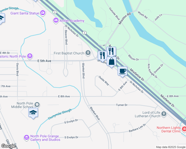 map of restaurants, bars, coffee shops, grocery stores, and more near 535 Ouida Way in North Pole