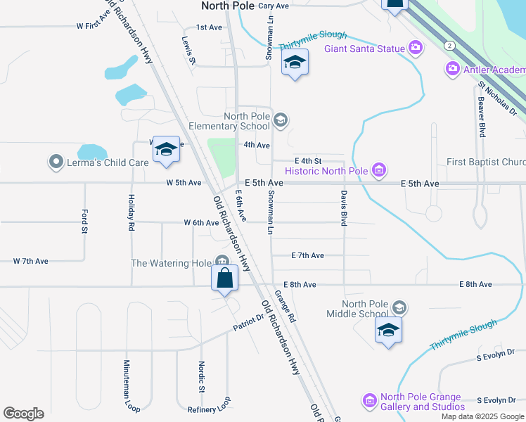 map of restaurants, bars, coffee shops, grocery stores, and more near 505 Snowman Lane in North Pole