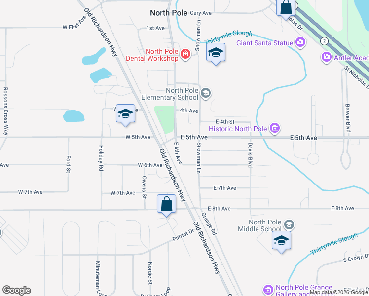 map of restaurants, bars, coffee shops, grocery stores, and more near 506 South Santa Claus Lane in North Pole