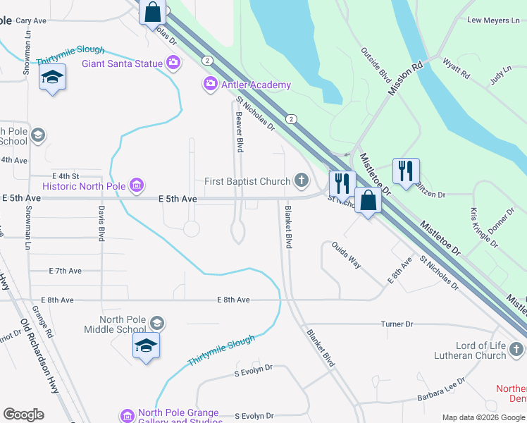 map of restaurants, bars, coffee shops, grocery stores, and more near 520 East 5th Avenue in North Pole