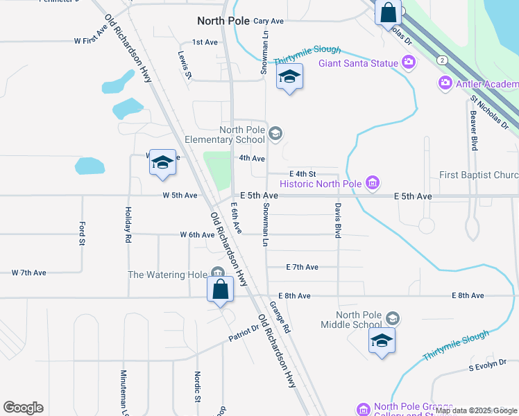 map of restaurants, bars, coffee shops, grocery stores, and more near 505 Snowman Lane in North Pole