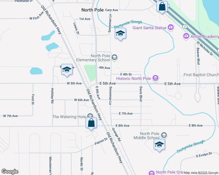 map of restaurants, bars, coffee shops, grocery stores, and more near 505 Snowman Lane in North Pole