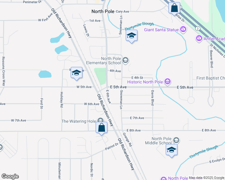 map of restaurants, bars, coffee shops, grocery stores, and more near 506 South Santa Claus Lane in North Pole