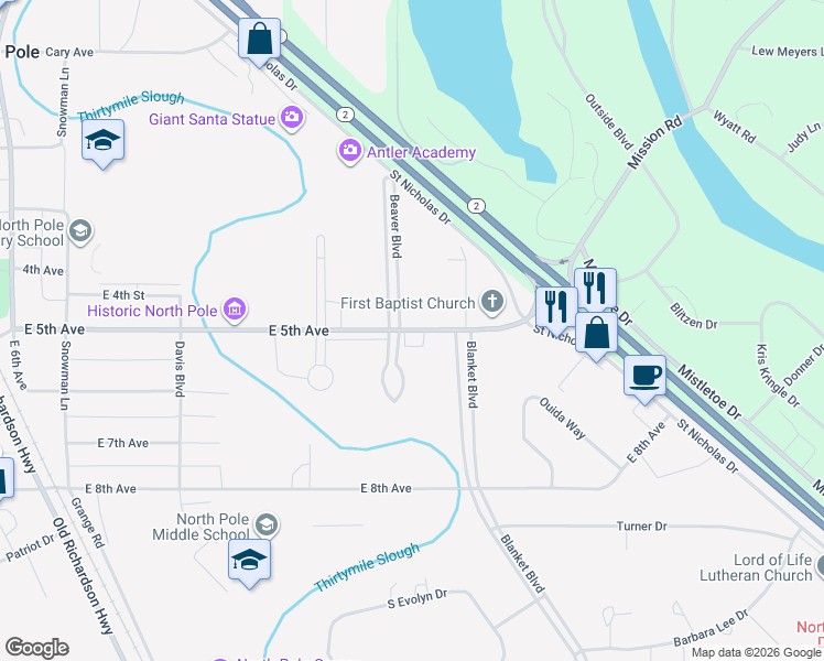 map of restaurants, bars, coffee shops, grocery stores, and more near 520 East 5th Avenue in North Pole