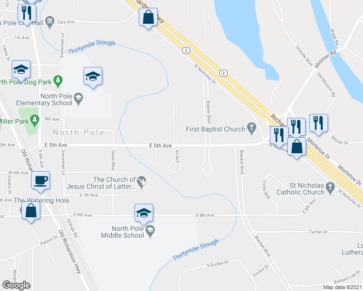 map of restaurants, bars, coffee shops, grocery stores, and more near 415 East 5th Avenue in North Pole