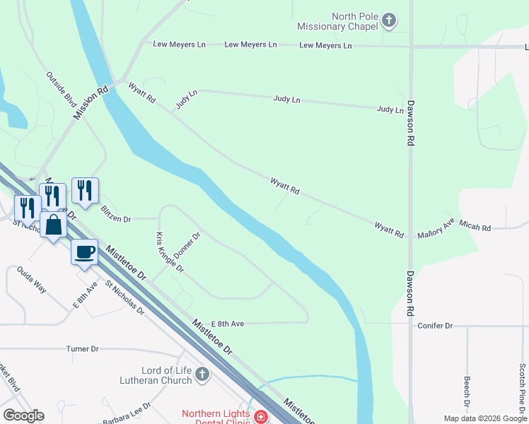 map of restaurants, bars, coffee shops, grocery stores, and more near 3200 Kris Kringle Drive in North Pole