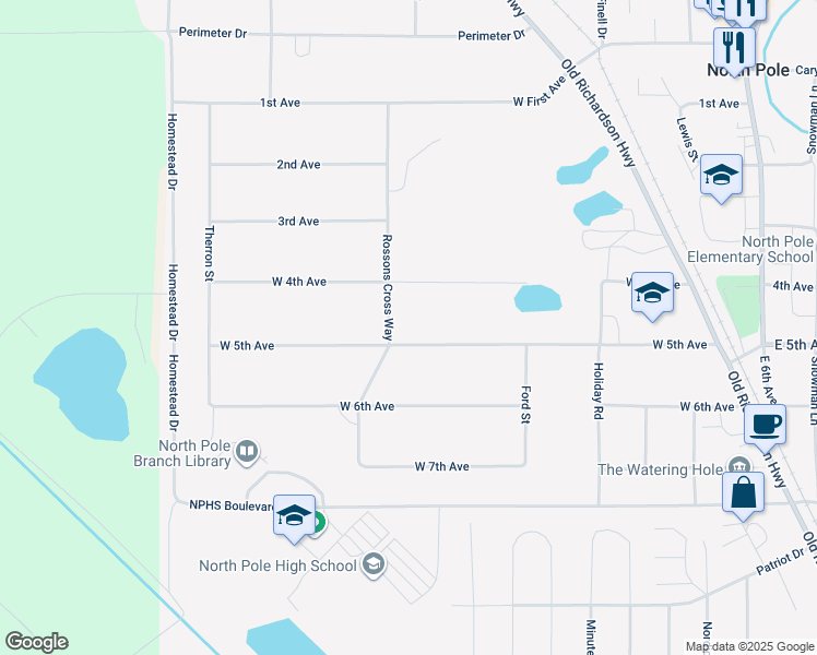 map of restaurants, bars, coffee shops, grocery stores, and more near 2605 Rossons Cross Way in North Pole