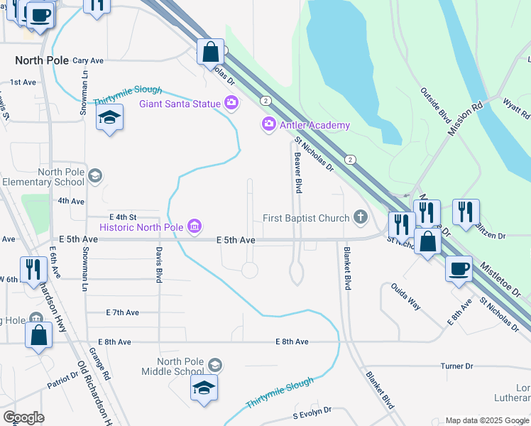 map of restaurants, bars, coffee shops, grocery stores, and more near 336 Kit Boulevard in North Pole