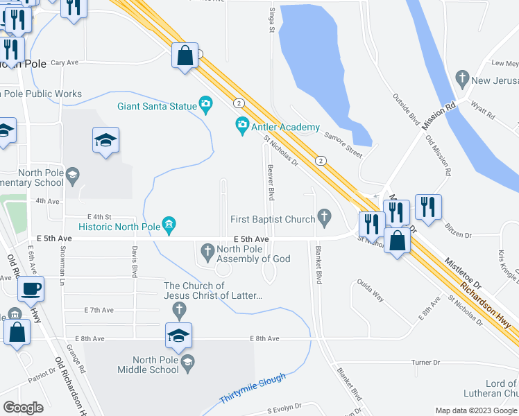 map of restaurants, bars, coffee shops, grocery stores, and more near 353 Beaver Boulevard in North Pole