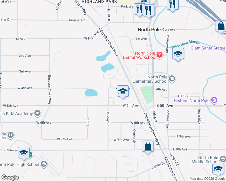 map of restaurants, bars, coffee shops, grocery stores, and more near 323 West 4th Avenue in North Pole
