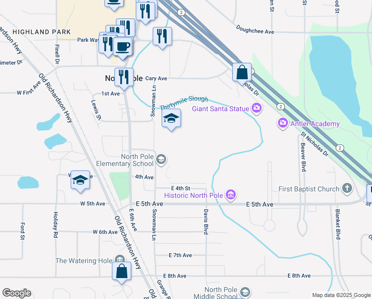 map of restaurants, bars, coffee shops, grocery stores, and more near 250 Snowman Lane in North Pole